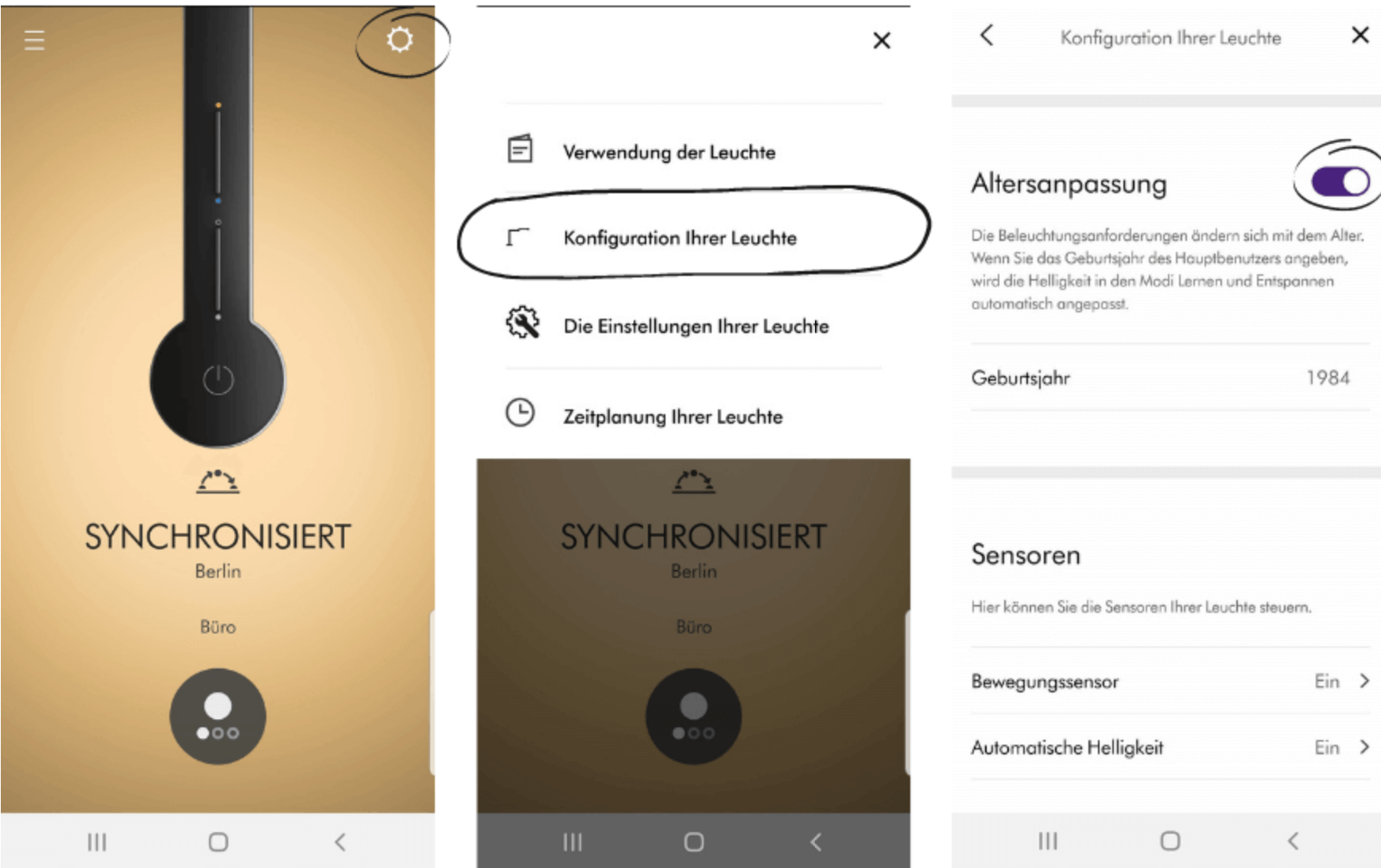 Geburtsjahr wird in der Dyson Link App für die automatische Anpassung der Lichtverhältnisse eingegeben